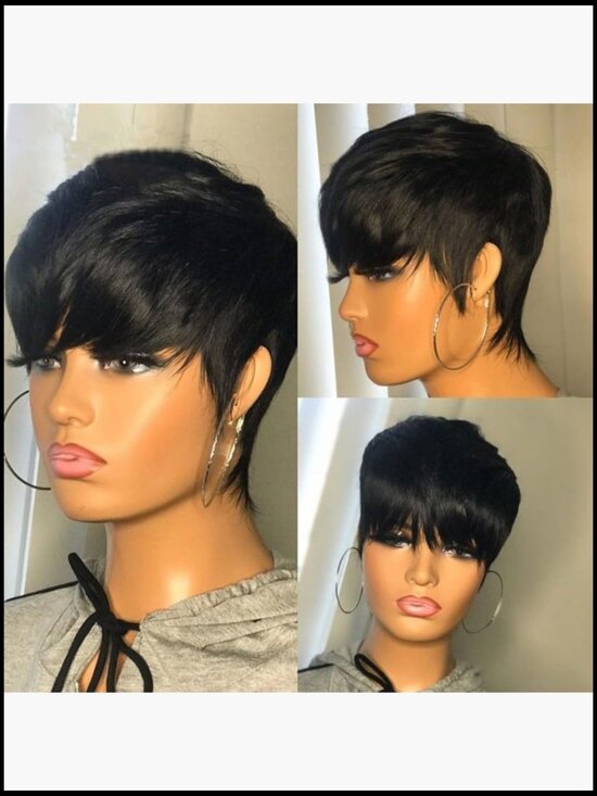 Pixie Cut Human Hair Wig with Bangs Layered Wavy Capless Breathable Heat main image 5